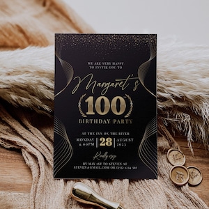 100th Birthday Invitations Template Modern Birthday Invitation Editable Template Invite Black Gold Birthday Templett Digital Download