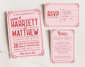 May include: Pink wedding invitation suite with red text. The main invitation card features the text "Wedding of Harriett and Matthew" and details about the wedding ceremony. The RSVP card has a section for guests to indicate their attendance and meal preference. The details card provides information about the reception location and transportation.