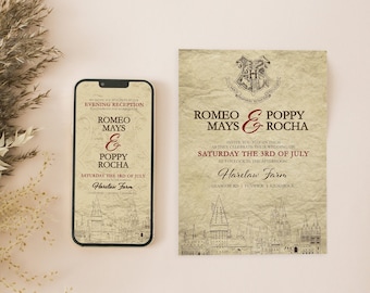 MAGICAL WIZARD Wedding Invitation | Fantasy Invite for Day & Evening | Castle and Crest | Editable Template | Digital Download