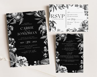 Dark Botanical Wedding Invitation Template Set Romantic Goth Wedding Editable Printable Invitation Classic Elegant Wedding Digital Download