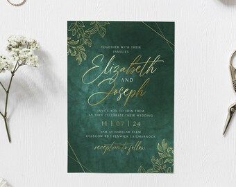 Plantilla de invitación de boda verde esmeralda, plantilla editable e imprimible para boda verde oro, boda botánica de lujo, descarga digital
