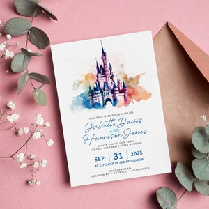 May include: A wedding invitation with a watercolor illustration of Cinderella's Castle at Walt Disney World. The invitation is for Juliette Davis and Harrison Jones, and it states the wedding will take place on September 31, 2025, at 4 o'clock in the afternoon at Barelam Farm in Kilmarnock.