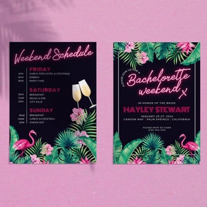 TROPICAL PARTY Bachelorette Invitation | Hen Party Itinerary | Pink Neon Invite | Birthday Weekend Invitation | Digital Download