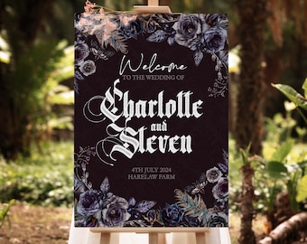 Gothic Wedding Welcome Sign Template, Editable Dark Botanical Floral Entrance Poster, Romantic Halloween Reception Decor, Printable