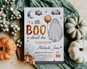 Plantilla de invitación para baby shower de Little Boo ya casi nace. Invitación para baby shower de Halloween. Plantilla editable. Invitación de descarga digital.