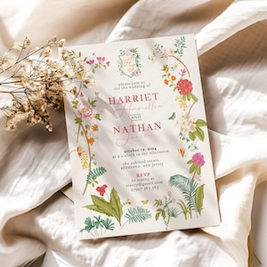 Floral Monogram Wedding Invitation Template, Wildflower Wedding Invite, Garden Flowers Wedding Template, Boho Party Digital Download