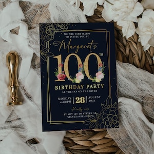 100. Geburtstagseinladung bearbeitbare Vorlage, Geburtstagsfeier-Dankeskarte, Geburtstagseinladungsvorlage für benutzerdefiniertes Alter, digitaler Download