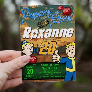 May include: A Fallout themed birthday party invitation with a sunset background. The invitation says "Prepare for the Future!" and "Roxanne is turning 20". The invitation includes the date and time of the party, the location, and the RSVP information.