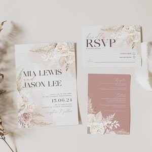 Boho Wedding Invitation Suite Template Modern Pampas Wedding Invite RSVP Details Digital Invite Editable Template Digital Download Templett