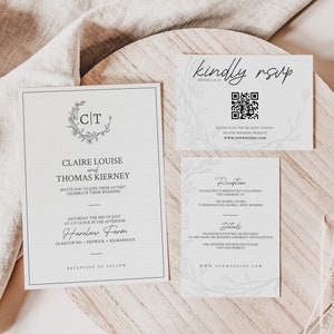 May include: A wedding invitation suite with a white background and black text. The invitation card features a floral wreath with the initials "CT" in the center. The RSVP card has a QR code and the text "kindly RSVP". The reception card has the text "Reception" and "Details".