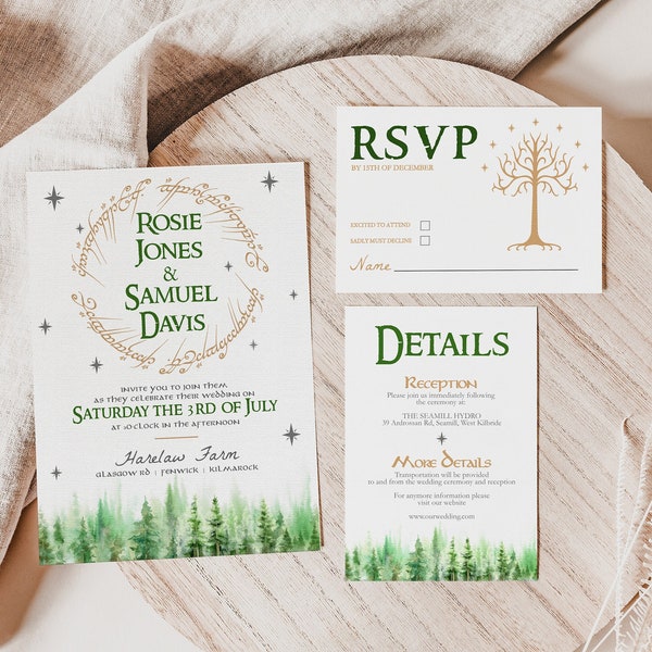 LOTR Wedding Invitation Template Editable Elven Wedding Invite Printable Digital Download Hobbit Wedding Nature Invitation Templett