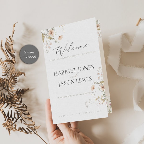 Catholic Wedding Program Template Wildflower Wedding Program Floral Folded Catholic Wedding Program Order of Service Digital Download