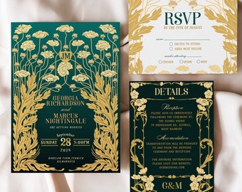 Green and Gold Wedding Invitation, Floral Art Nouveau Wedding Invite Template Set, Editable Vintage Wedding Template, Digital Download