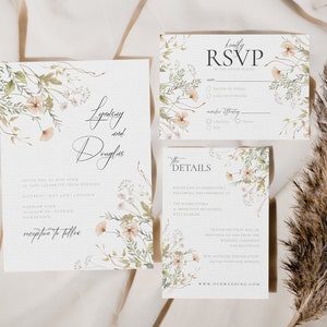 Plantilla editable de invitación de boda con flores silvestres de primavera. Delicada invitación de boda floral. Detalles de RSVP. Plantilla de boda DIY imprimible. Descargar.