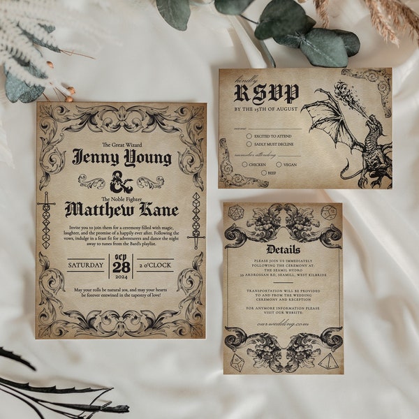 Medieval Wedding Invitation Template Set, RSVP Details DND Wedding Invite Template, Editable Fantasy Wedding Dungeons and Dragons Download