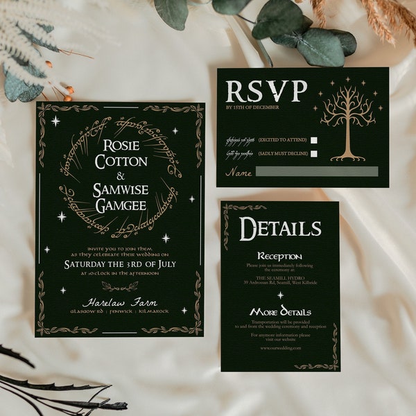 LOTR Wedding Invitation Template Set Elven Wedding Invite RSVP Details Printable Nerdy Wedding Template Editable Invitation Download