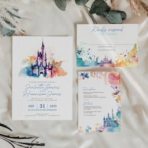 Fairy Tale Wedding Invitation Set Elegant Watercolour Invite Wedding Editable Template Magic Castle Colourful Invitation Digital Download