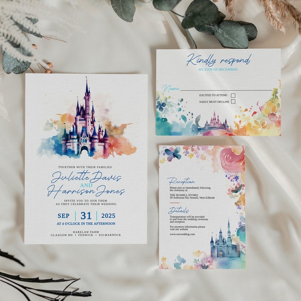 Märchen Hochzeitseinladung Set Elegante Aquarell Einladung Hochzeit Editierbare Vorlage Zauberschloss Bunte Einladung Digital Download