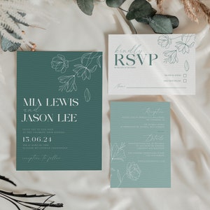 MINIMAL Wedding Invite Template Set Botanical Easy to Edit Wedding Invitation Suite Teal Gradient Minimalism Wedding DIY Digital Download