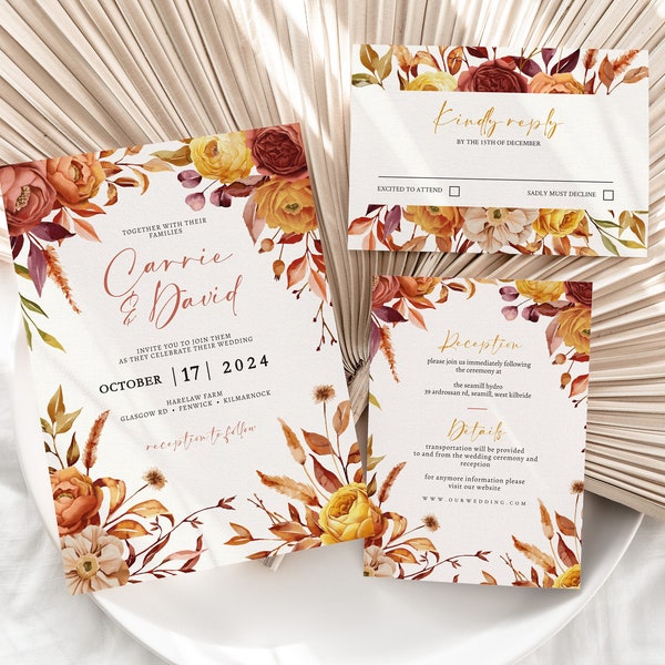 Rustic Fall Wedding Invite Template Autumn Wedding Template Boho Invitation Set Terracotta Wedding DIY Printable Autumn Wedding RSVP Details