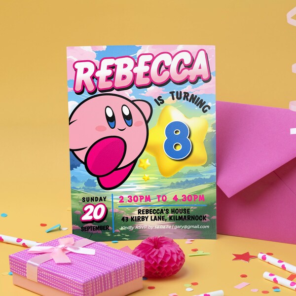 Kirby Birthday Invitation Editable Template, Kids Birthday Invite Printable Template, Gamer Birthday Invitation, Editable Digital Download