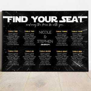 Puede incluir: Un plano de asientos de boda negro y dorado con temática de Star Wars. El plano enumera los nombres de los invitados asignados a cada mesa. El texto "Find Your Seat" y "and may the force be with you..." está en la parte superior del plano. Los nombres "Nicole & Stephen" y la fecha "28.09.24" están en el centro del plano.