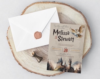 May include: A wedding invitation with a watercolor illustration of Hogwarts castle and an owl carrying a letter. The invitation is for Melissa & Stewart and is set for September 28th at 6 o'clock at Hogwarts Farm.
