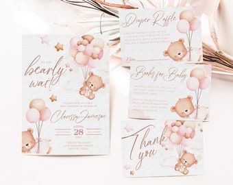 We Can Bearly Wait Baby Shower Invitation Template, Cute Bear Diaper Raffle Printable, Pink Baby Shower Books for Baby, Digital Download