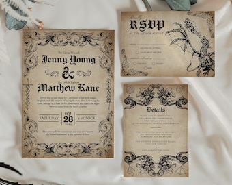 Medieval Wedding Invitation Template Set, RSVP Details DND Wedding Invite Template, Editable Fantasy Wedding Dungeons and Dragons Download