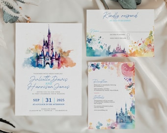 Fairy Tale Wedding Invitation Set Elegant Watercolour Invite Wedding Editable Template Magic Castle Colourful Invitation Digital Download