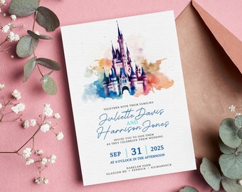 Fairy Tale Wedding Invitation Elegant Watercolour Invite Wedding Editable Template Magic Castle Colourful Invitation Digital Download