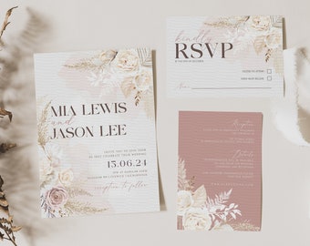 Plantilla de invitación de boda bohemia, invitación de boda moderna de estilo pampeano, detalles de RSVP, invitación digital, plantilla editable, descarga digital, Templett