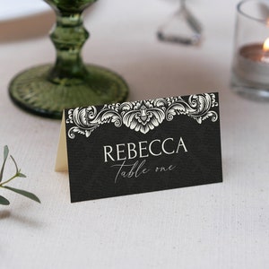 Tarjetas de nombre de boda gótica vintage, tarjetas de lugar editables, boda, novia, evento, Halloween, boda gótica, descarga digital, Templett