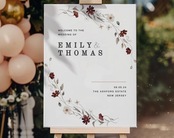 Burgundy Floral Wedding Welcome Sign Template, Editable Floral Red Wedding Sign, Printable Minimal Welcome Template, DIY Wedding Download