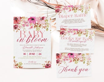 Baby in Bloom Invitation Template, Floral Diaper Raffle Printable Template, Floral Pink Baby in Bloom Books for Baby, Digital Download