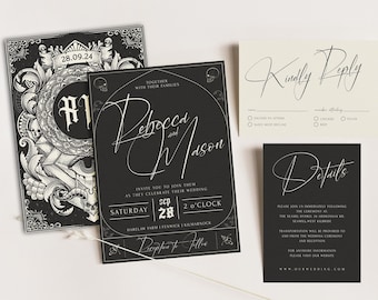HALLOWEEN Wedding Invitation Template RSVP Details Black Wedding Invitation Suite Editable Elegant Gothic Wedding Digital Download