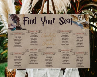 May include: A rectangular wedding seating chart sign on an easel with the text Find Your Seat, Charlotte and Stephen, and 28.09.24. The design features a quill, inkwell, and an owl carrying a letter, with lists of names for tables one through nine.