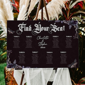 Halloween Hochzeit Sitzplan Vorlage, bearbeitbar Goth Hochzeit Tischplan, romantisches Goth Zeichen druckbar, gruselige Hochzeit, digitaler Download