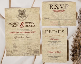 MAGICAL Wedding Invite Set Template Castle Crest Editable Wedding RSVP Details Geek Wedding Fantasy Invitation Printable Digital Download