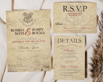 MAGICAL Wedding Invite Set Template Castle Crest Editable Wedding RSVP Details Geek Wedding Fantasy Invitation Printable Digital Download