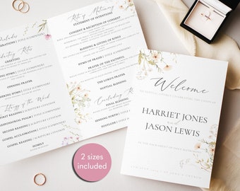 Peut inclure: Un programme de cérémonie de mariage avec un motif floral. Le programme comprend l'ordre du service, la disposition des générations, les rites d'introduction, la liturgie de la parole et les rites de conclusion. Le programme comprend également une pancarte de bienvenue avec les noms Harriet Jones et Jason Lewis.