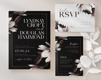 DARK Floral Wedding Invitation Template Set Editable Wedding Template Black Pink Magnolia Wedding Invite Classy Printable Digital Download