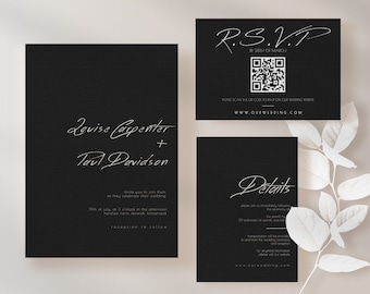 Black Wedding Invitation Template Set Customizable Black Minimal Wedding Invite Handwritten Font Dark Wedding Moody Invite Digital Download