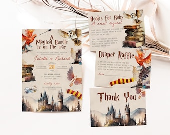 Magical Wizard Baby Shower Invitation Template, Magical Bundle Invite Printable, Nerdy Book Request Card and Diaper Raffle, Digital Download