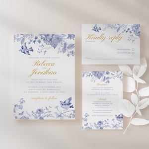 Vintage Wedding Invitation Template, Editable Blue Floral Birds Wedding Invite, Printable Regency Wedding Invitation, Digital Download