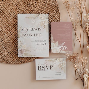 Pampas Wedding Invitation Suite Template Modern Boho Wedding Invite RSVP Details Digital Invite Editable Template Digital Download Templett