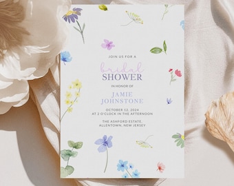 Wildflower Bridal Shower Invitation Editable Template, Bridal Shower Invitation Printable, Delicate Florals Invitation, Digital Download