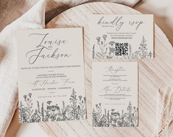 WILDFLOWER Wedding Invitation Template QR Code RSVP Wedding Invite Bundle Digital Editable Digital Reply Card Digital Download