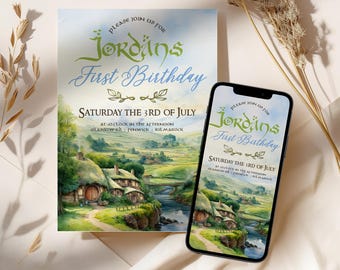 LOTR First Birthday Invitation and Evite Template Set, Nature Digital Invitation, Geek Birthday Template Invitation, Digital Download