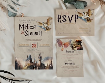 May include: A Harry Potter themed wedding invitation suite with a brown background. The invitation features a watercolor illustration of Hogwarts castle. The RSVP card features a watercolor illustration of an owl carrying a letter. The reception card features a watercolor illustration of a phoenix and a stack of books.